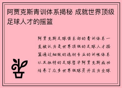 阿贾克斯青训体系揭秘 成就世界顶级足球人才的摇篮